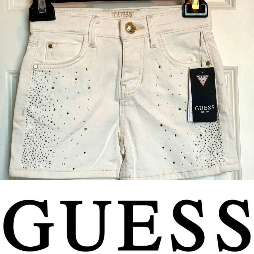 GUESS KIDS - NWT - Girls Sz 7 - White Denim Shorts with Sparkly Rhinestones